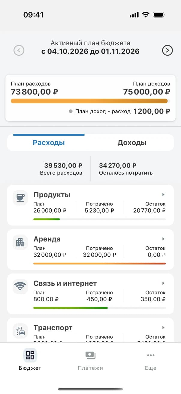 Главный экран Money Planner: план расходов и доходов, остаток по категориям