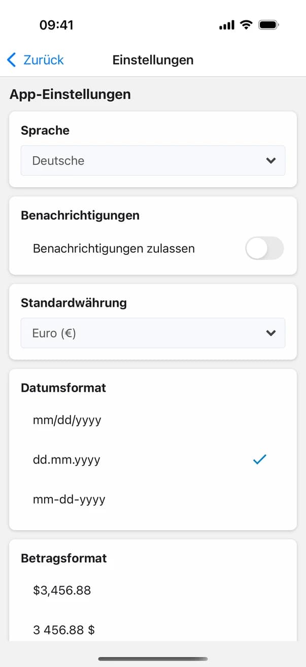 Einstellungen von Money Planner: Sprache, Währung, Datums- und Betragsformat