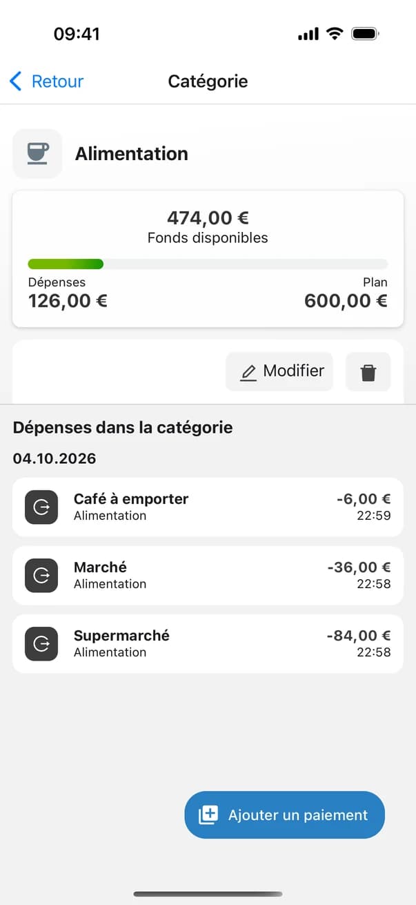 Catégorie Alimentation avec fonds disponibles et liste des dépenses